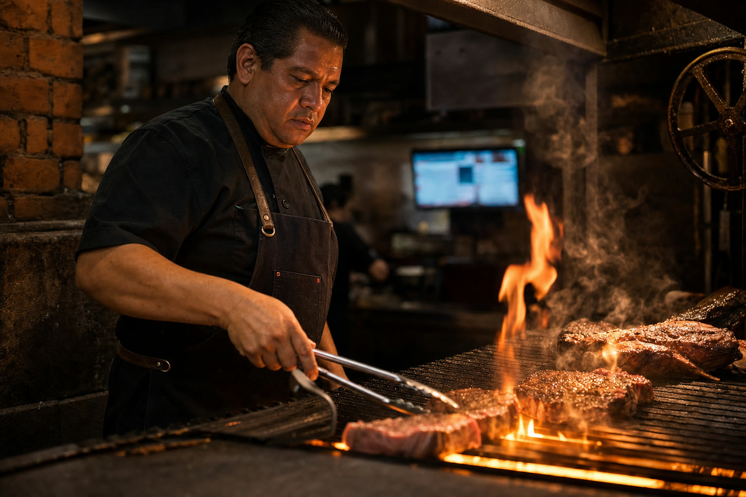 Parrillero preparando cortes en un asador mexicano