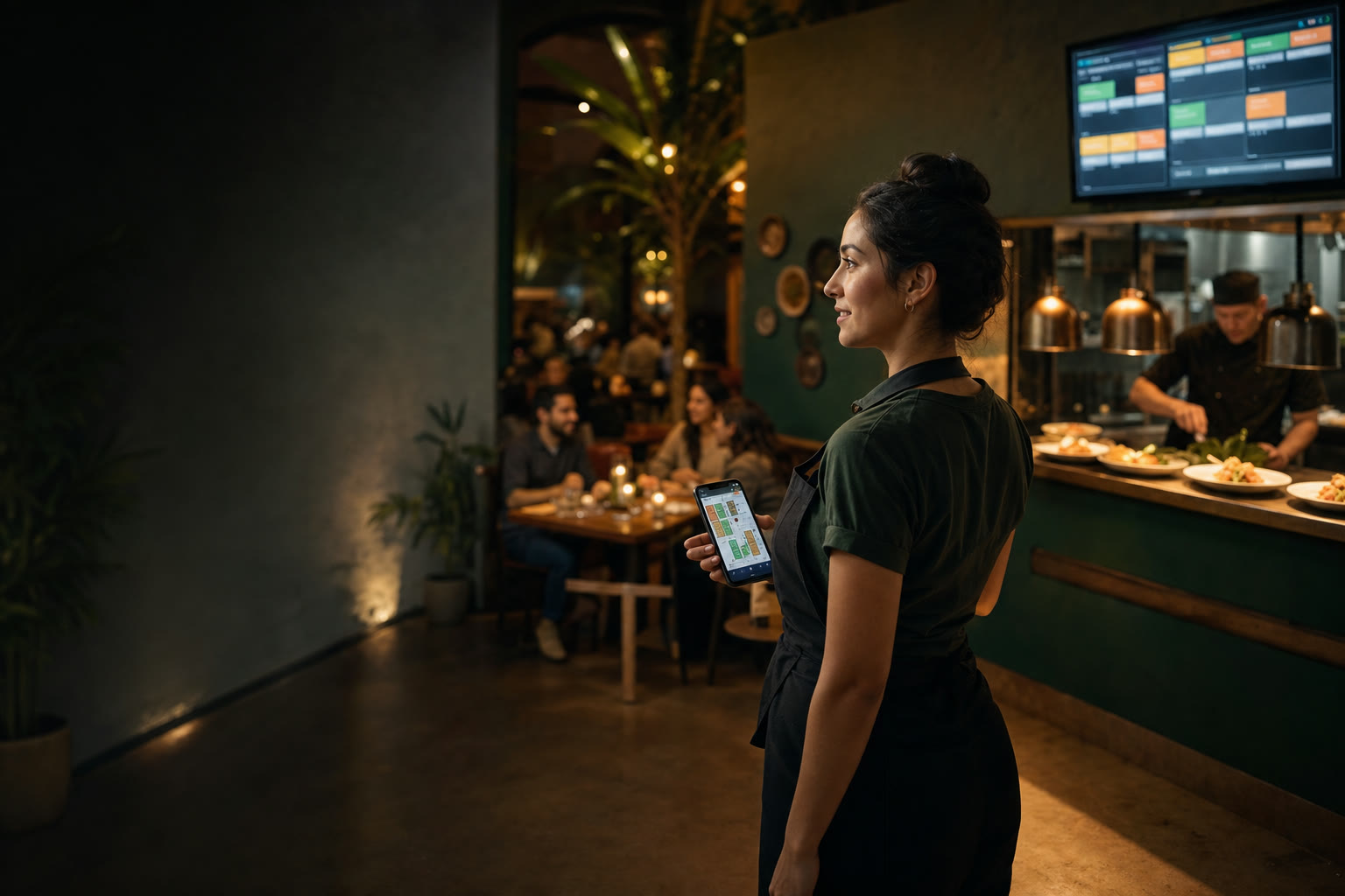 Equipo de un restaurante mexicano operando con Consul Rest en pantallas y celulares