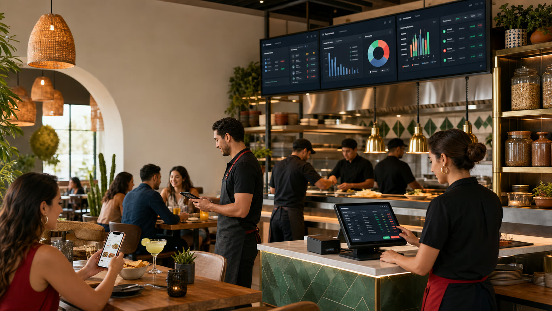 Restaurante moderno operando con pantallas, tabletas y pedidos moviles
